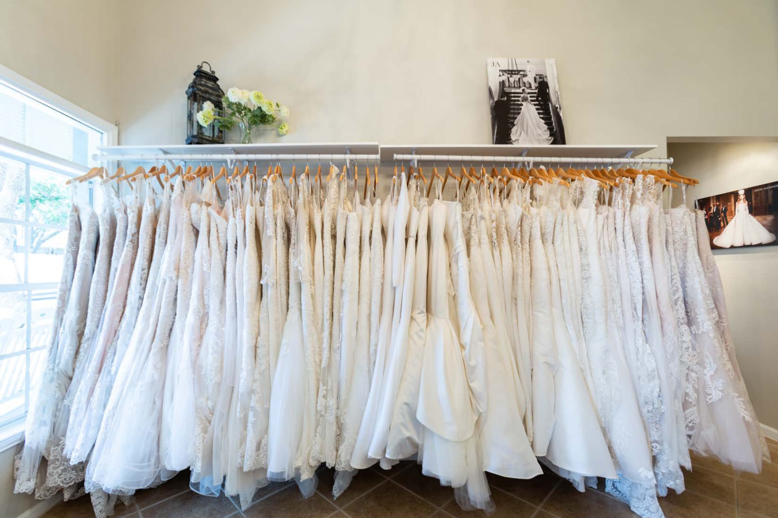 wedding dresses on rack at St Peteresburg bridal boutique