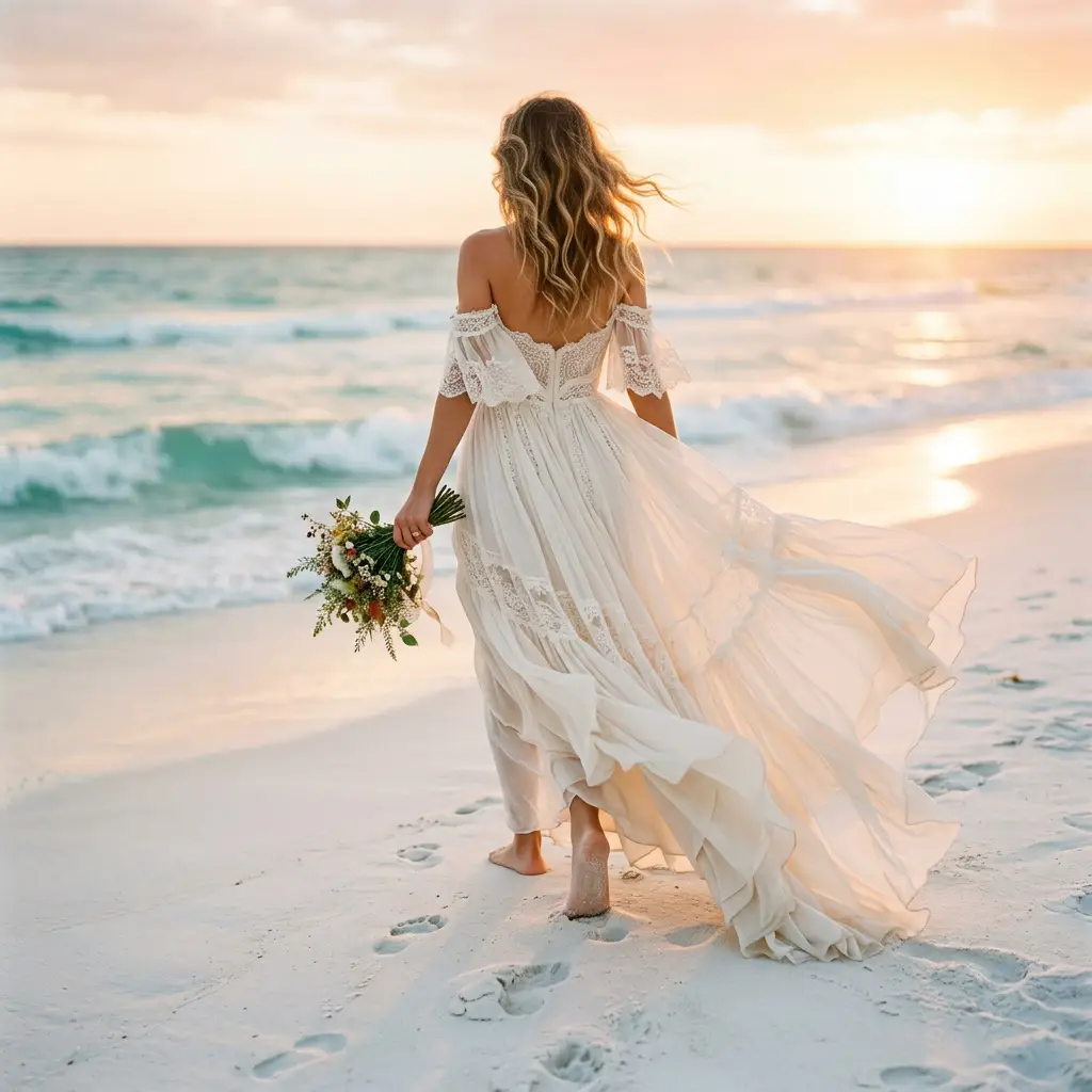 Bride in flowing chiffon beach wedding dress on St. Petersburg Florida Gulf Coast beach with ocean in background