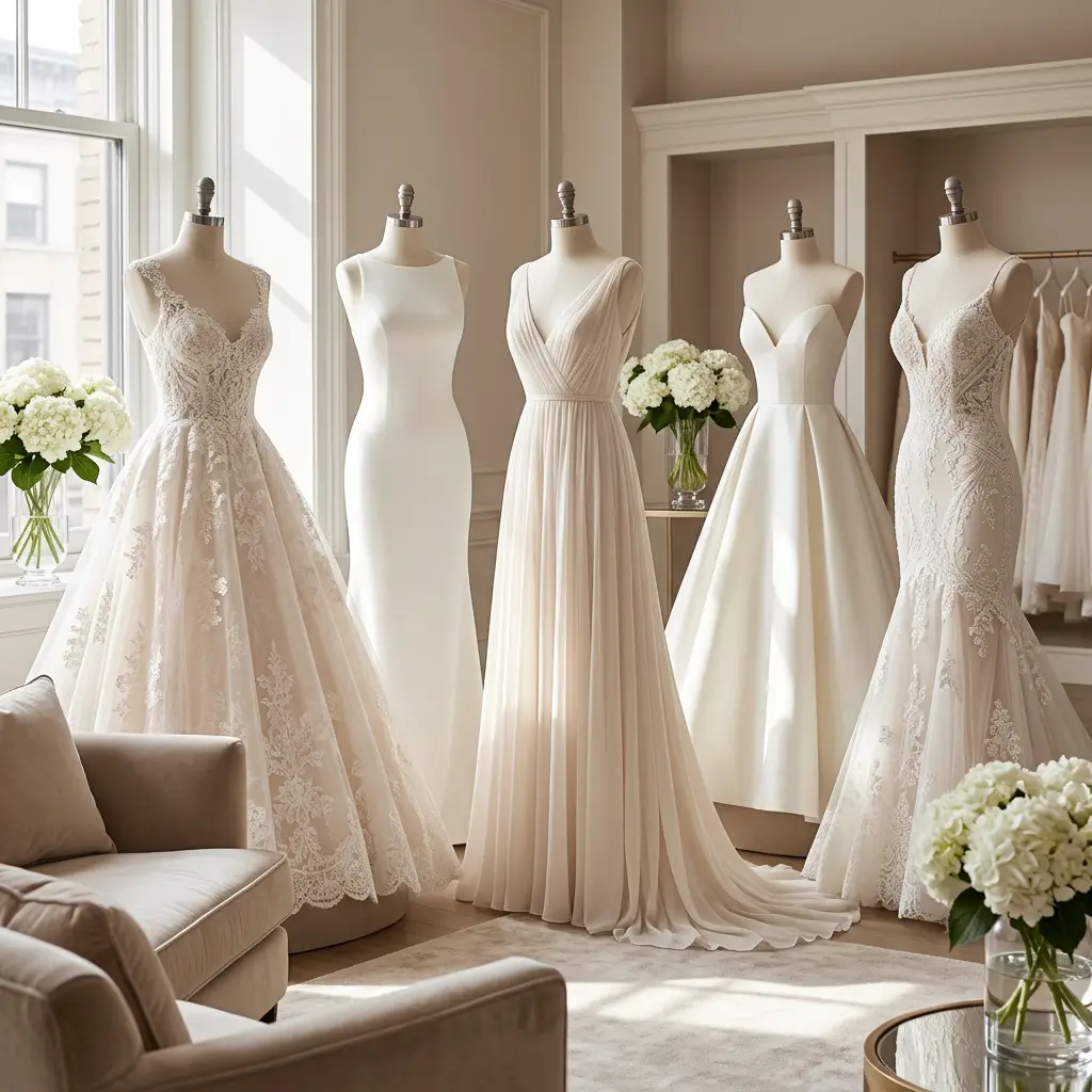 A collection of dreseses from various wedding dress designers