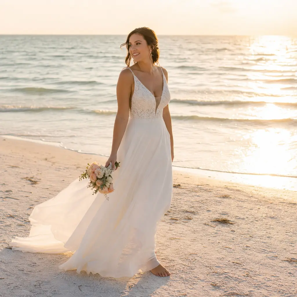 Bride in chiffon A-line wedding dress on Tampa Bay beach during golden hour. Tampa Bay beach wedding dress