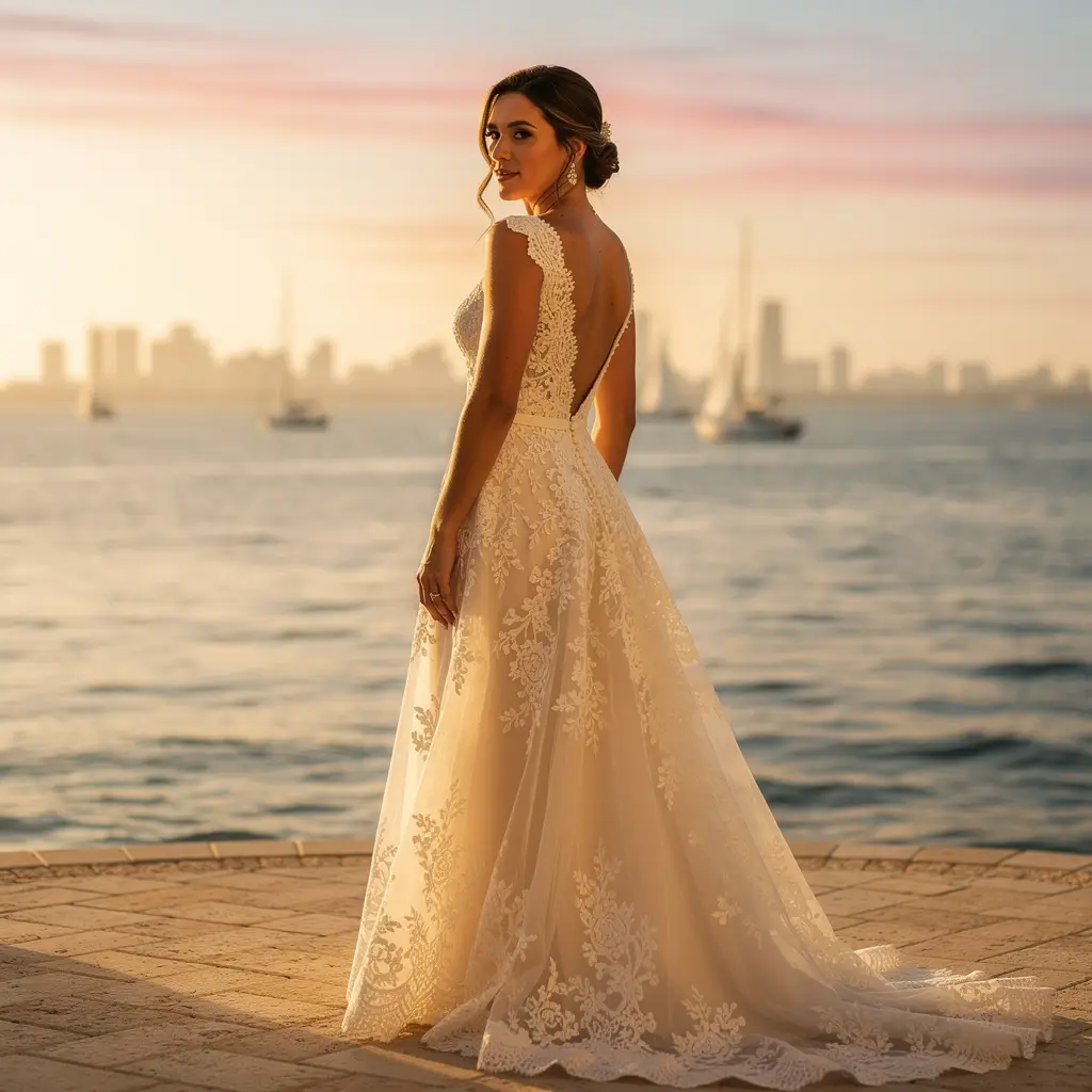 Bride in lace A-line wedding dress at Tampa Bay waterfront venue at golden hour. Tampa Bay wedding venues.
