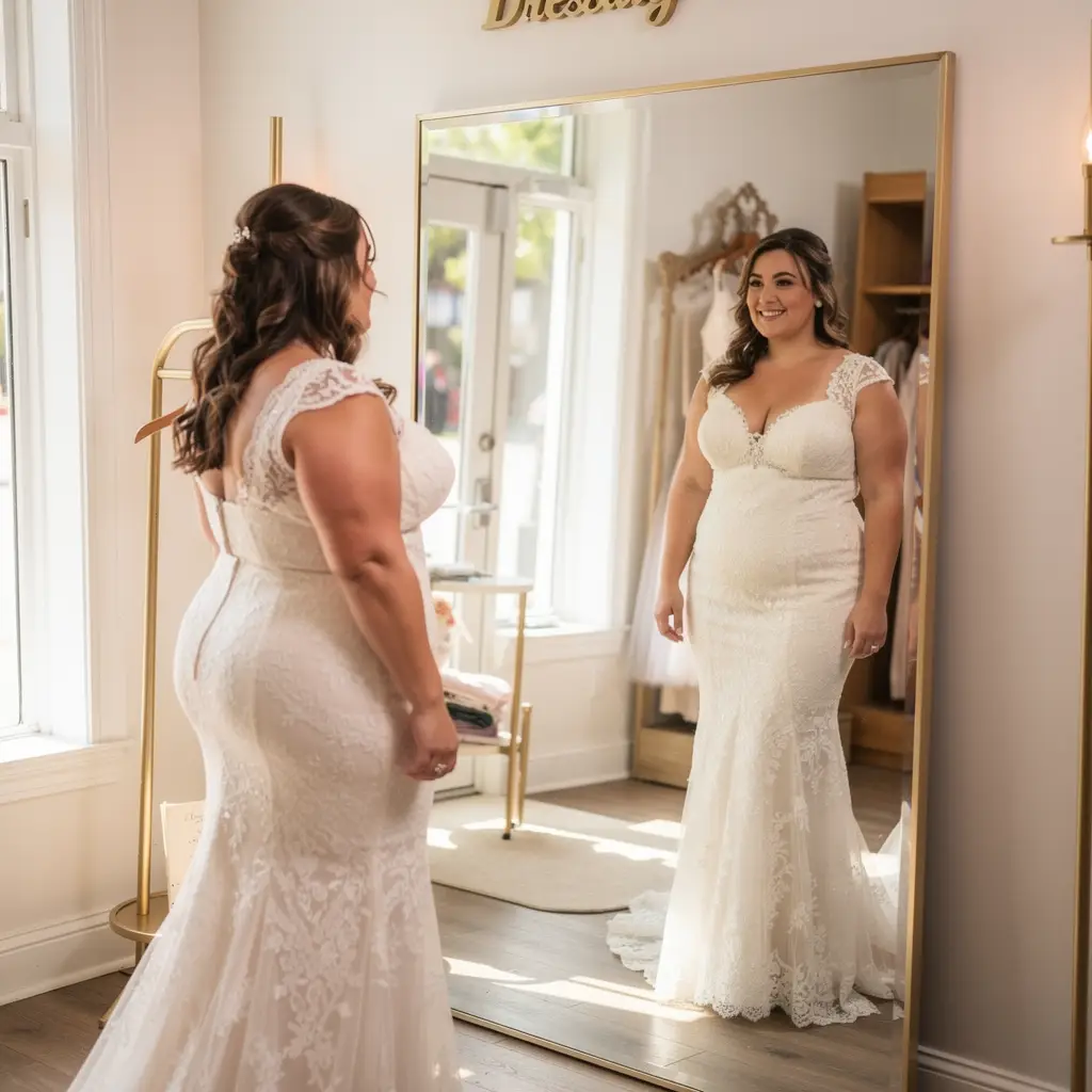 Plus-size bride in fitted lace wedding dress at St. Pete bridal boutique mirror