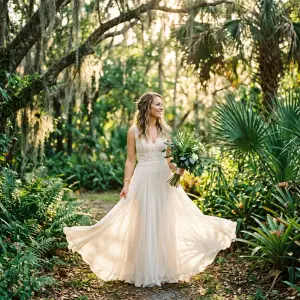 Bride in a flowing chiffon outdoor wedding dress in a Tampa Bay garden, backlit by warm afternoon light.