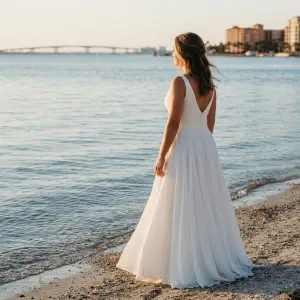 Stella York wedding dresses on the Tampa Bay waterfront, worn by a bride in a flowing gown in warm afternoon light.