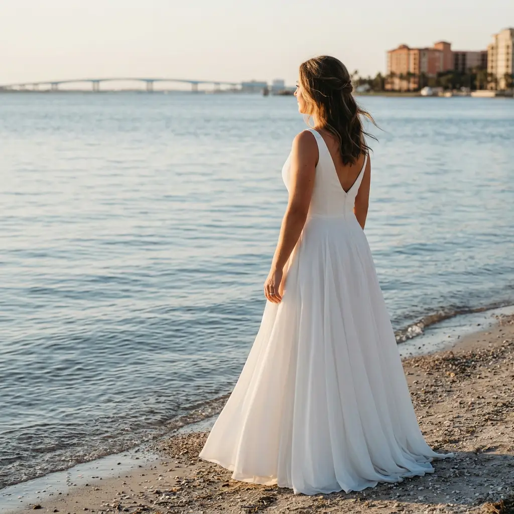 Stella York wedding dresses on the Tampa Bay waterfront, worn by a bride in a flowing gown in warm afternoon light.