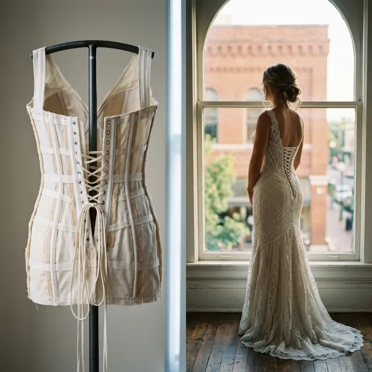 Maggie Sottero wedding dresses shown inside out and worn, revealing the boned bodice structure and corset back.