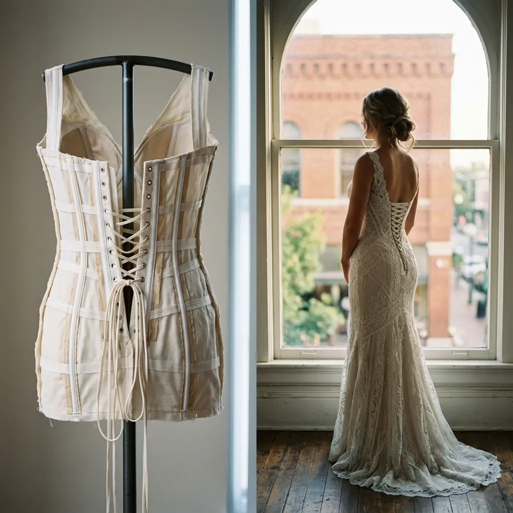 Maggie Sottero wedding dresses shown inside out and worn, revealing the boned bodice structure and corset back.