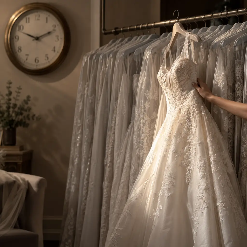 Off the rack wedding dresses on a boutique rail with one ivory gown pulled forward and a wall clock behind.