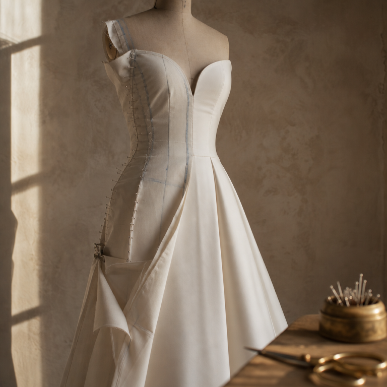 Wedding dress alterations in progress on a strapless bridal gown on a dress form, with pins and brass shears on the worktable.