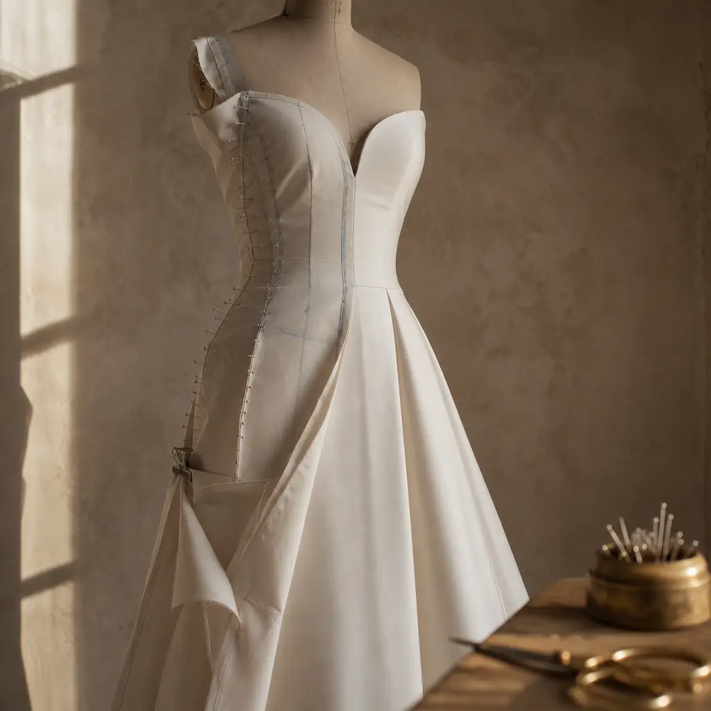 Wedding dress alterations in progress on a strapless bridal gown on a dress form, with pins and brass shears on the worktable.